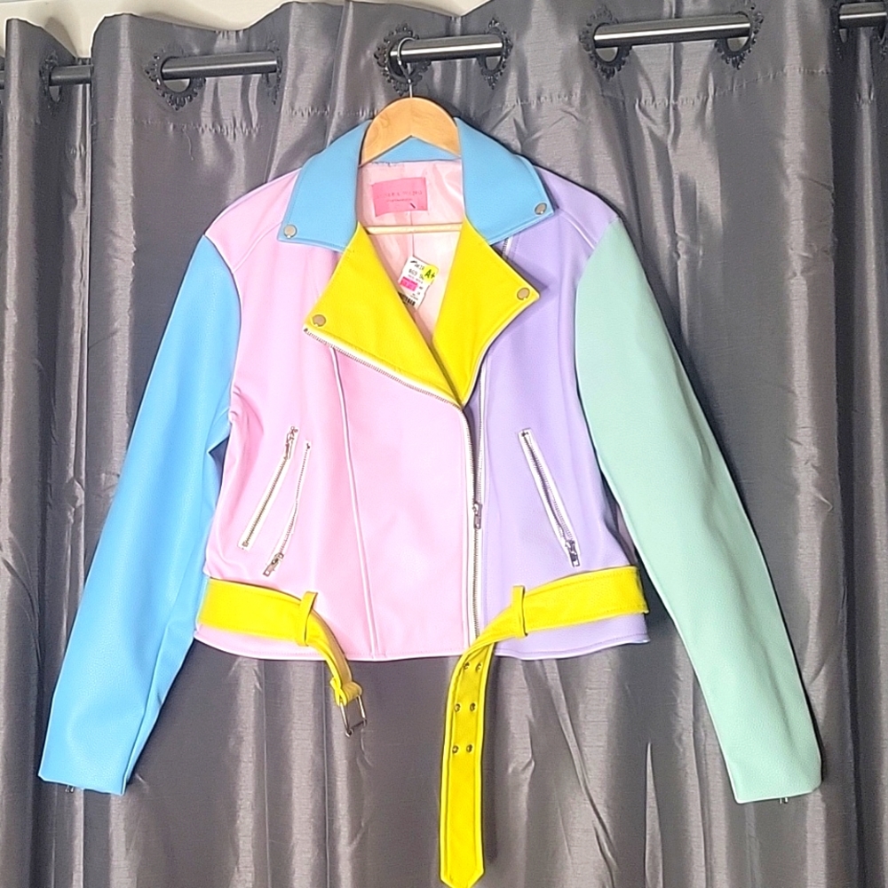Pastel Colorblock Moto Jacket with Yellow Accents